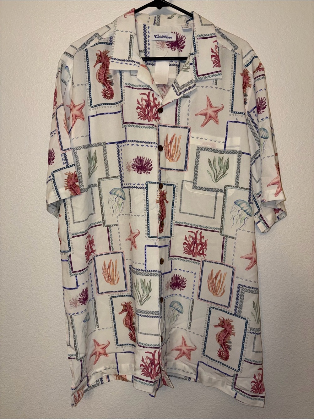 NWT Caribbean Mens XLT Short Sleeve Silk Ocean Print Button Up Shirt Dillard's